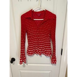 Sunny Leigh red button up blouse with white polka dots